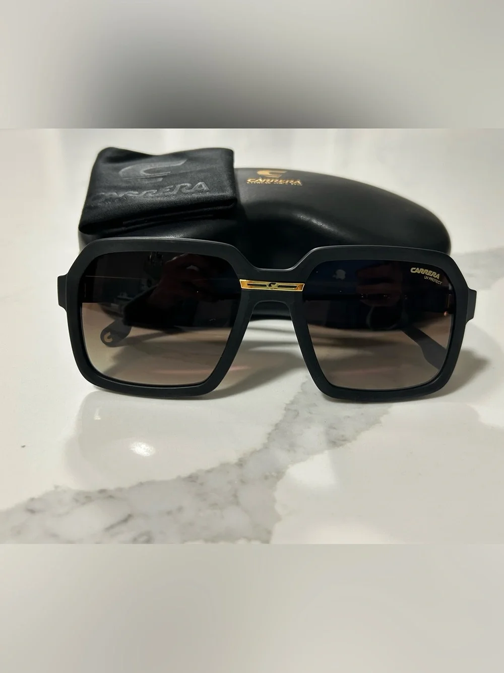 Carrera Black Frame Sunglasses with Brown Gradient Lenses and Gold Accent